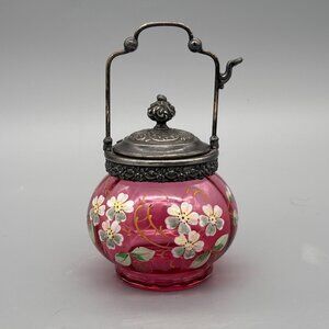 Antique Cranberry Glass Covered Hand Painted Relish Bowl w/ Silver Plated Frame